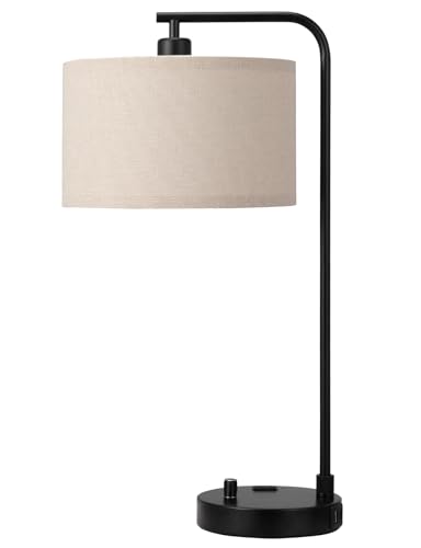 20.7" Tall Table Lamp with USB & Outlet, Fully Dimmable Nightstand Lamp - color: A-Beige Shade & Black Base