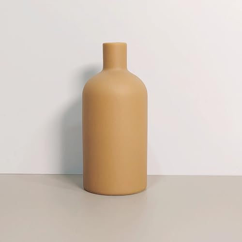 Neutral Boho Ceramic Brown Decorative Vase, Modern Matte Minimalist Vases for Shelf, Coffee Table, Living Room & Fireplace Mantel Decor