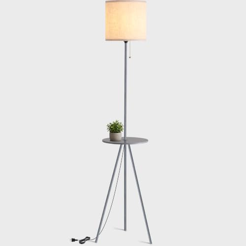 Floor Lamp with Side Table, Linen Shade, Standing Lamp for Living Room - color: Dark Grey