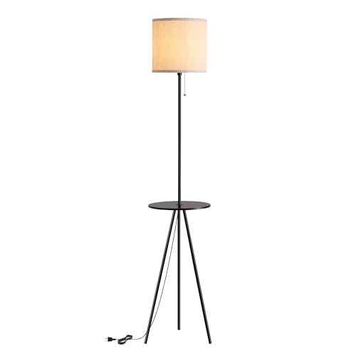 Floor Lamp with Table Attached, Linen Shade, Standing Lamp for Living Room - color: Black