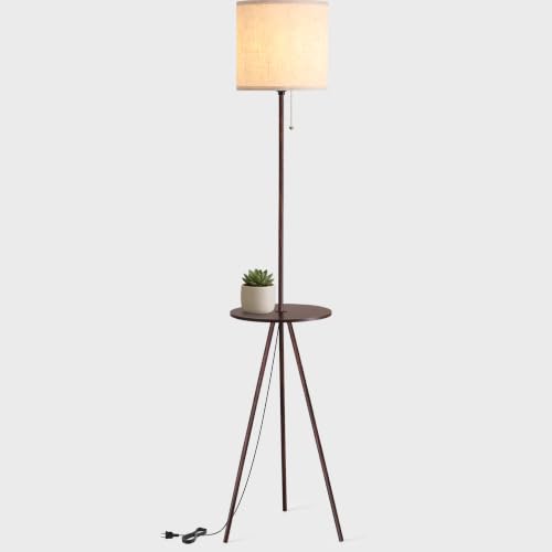 Floor Lamp with Table Attached, Linen Shade, Standing Lamp for Living Room - color: Brown