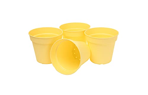 Mintra Garden Pots, 4 Pack Bulk Plastic Plant Pots with Drainage Tray, Round Indoor & Outdoor Decorative Planters with Drain Holes for Flowers, Herbs & Plants, 13cm Diameter – Yellow, 5 in - color: Yellow, size: 13cm Diameter (5in)