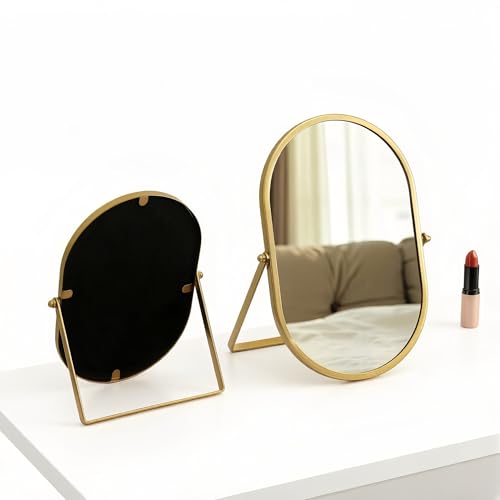 Gold Oval Vanity Mirror, 360° Rotation 180° Tilt Adjustable Desktop Makeup Mirror with Metal Frame, Decorative Standing Mirror for Bedroom, Bathroom, Living Room