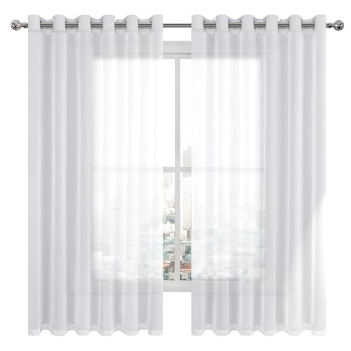 DWCN White Faux Linen Sheer Curtains - Grommet Voile Window Curtains Drapes for Bedroom Living Room 70 x 63 inch Length, Set of 2 - color: White, size: 70"W x 63"L (Pack of 2)