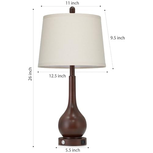 26" Brown Table Lamps Set of 2, Touch Control Bedside Lamps for Bedroom Nightstand, 3-Way Dimmable Farmhouse Lamp for Living Room with Charging Port (2 LED Bulbs Included) - color: Brown - 26"H