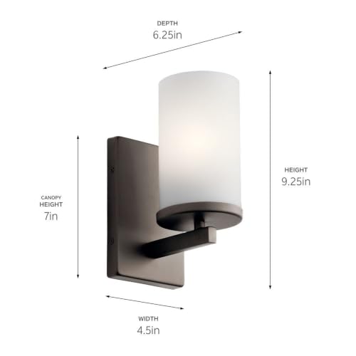 Kichler Crosby 9.25" 1-Light Wall Sconce Light, Black - color: Black, size: 1 Light, style: Satin Etched Cased Opal Glass