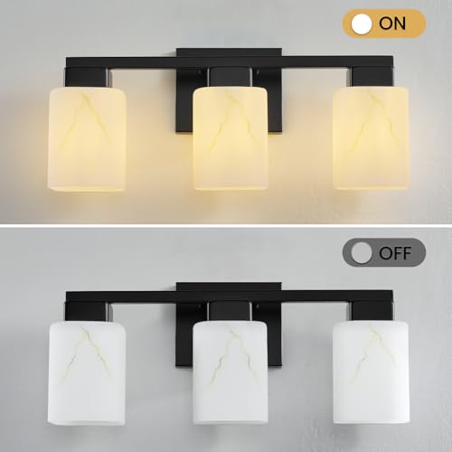 3-Light Square Bathroom Light Fixture, Matte Black Modern Vanity Light with White Marble Glass Shade, for Bathroom Mirror, Living Room, Bedroom, Hallway, E26 Base - color: Matte Black, size: 3-Light