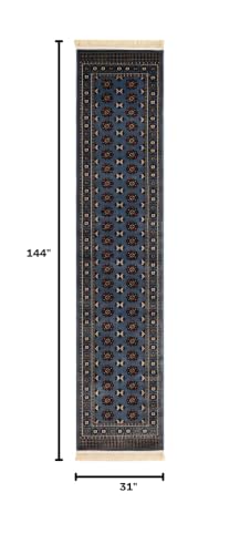 Rugs.com - Bokhara Rug – 12 Ft Runner Blue Easy-Clean Stain-Resistant Runner Rug - Perfect for Hallways, Entryways, and High-Traffic Indoor Areas - color: Blue, size: 2'7" x 12' (Runner)