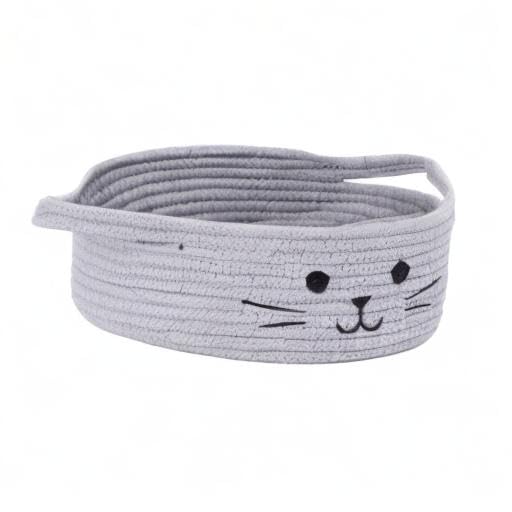 Small Woven Rope Cat Toy Basket with Cat Face Design, Grey - color: Gray, size: 9.8"W x 4"H