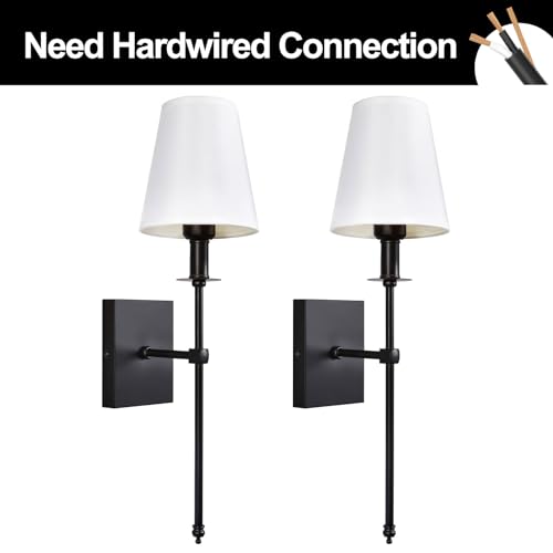PASSICA DECOR Hardwired Wall Sconces Set of Two 2 Pack Black with Vertical Rod and White Fabric Flared Shade,Versatile Used in Bathroom Stairway Fireplace Living Room Bedroom Farmhouse Nightstands - color: Black,White