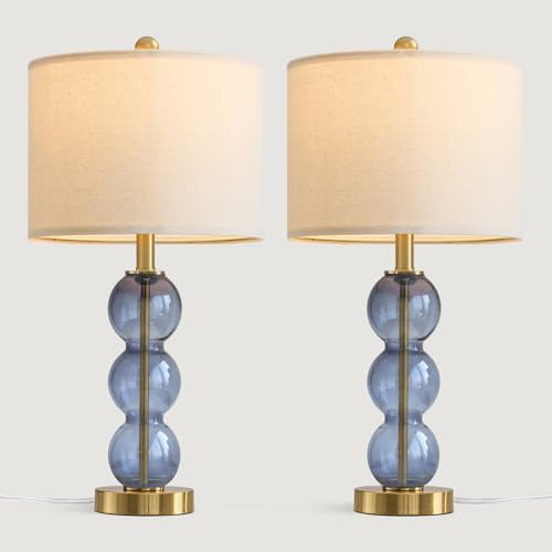 Oneach 25" Blue Table Lamps for Living Room, Glass Modern Table Lamp Set of 2, USB Charging Ports, Linen Shade, Bedside Lamps for Bedroom, Nightstand, Side Table - color: Blue
