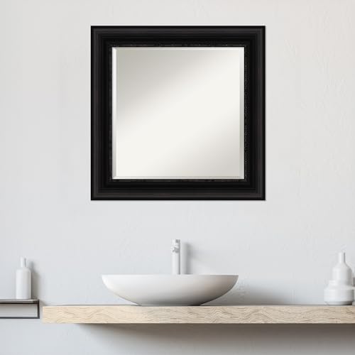 Amanti Art 오버 싱크대용 블랙 욕실 거울, 66 x 66cm(26 x 26인치) 팔러 블랙 스퀘어 화장대 거울, 미디엄 전통 프레임, 수평 및 수직으로 걸 수 있음, 욕실 벽 장식, 경사진 가장자리 - color: 팔러 블랙, size: 26"L x 26"W