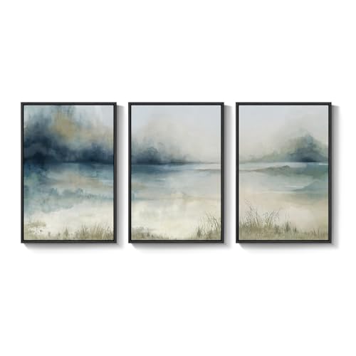Large Framed Blue Nature Landscape Wall Art for Living Room, 3 Piece 24x36 - color: Misty Lake, size: 24" W x 36" H x 3pcs