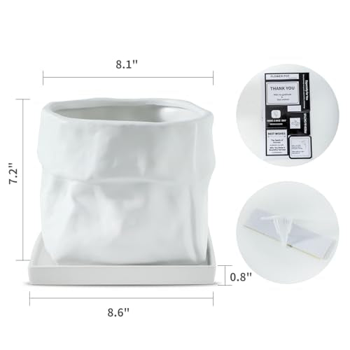 Nihow 8 Inch Ceramic Plant Pot with Drainage & Square Saucer,White - color: White, size: 8 Inch