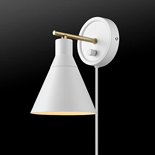 Globe Electric 65542 1-Light Plug-in or Hardwire Wall Sconce, Matte White, Brass Accent, Stepless Dimming Rotary Switch, Fabric Cord, Modern Lighting for Apartment or Renters, Home Decor - color: Matte White, Tristan