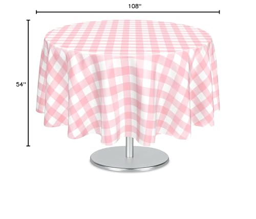 Mulbozy 2 Pcs Pink Gingham Round Plastic Tablecloth Disposable, 84 inch - color: Checkered-pink, size: 84" Round