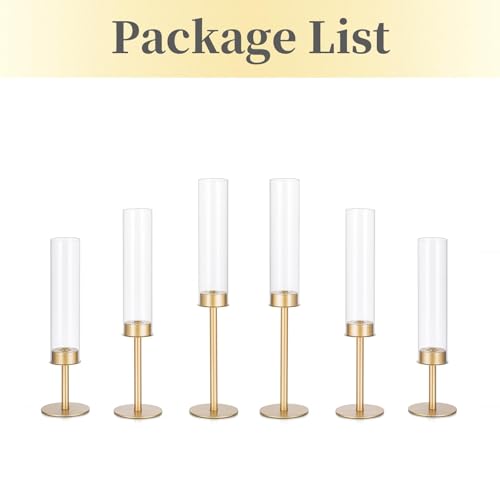 Hewory Gold Candlestick Holders: 6PCS Glass Hurricane with Brass Base - color: Matte Gold, size: 6pcs