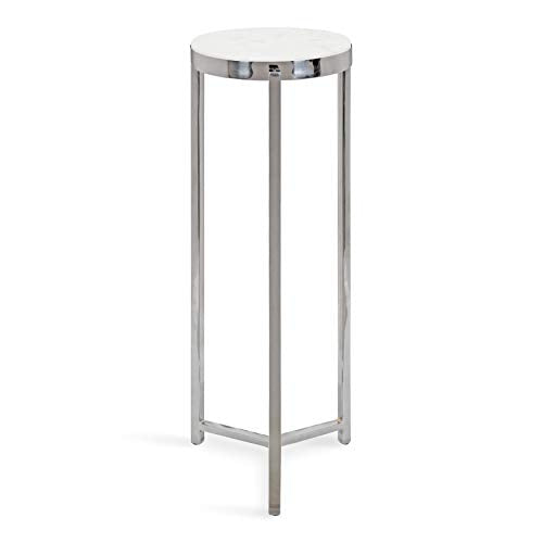 Kate and Laurel Aguilar Glam Round Drink Table, 8 x 8 x 23, Silver and White, Small Accent Table for Use as Plant Pedestal Stand with Marble Tabletop