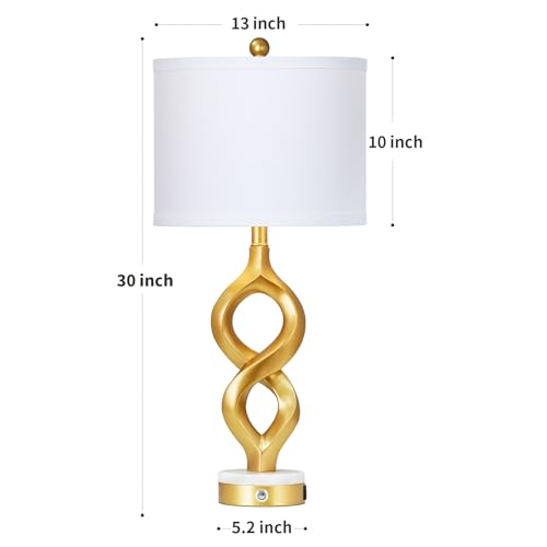Cinyirong 30" White and Gold Table Lamp for Living Room, Modern Touch Control Bedside Lamp for Bedroom, 3-Way Dimmable Sculptural Resin Nightstand Lamp with USB A+C Ports and 1 LED Bulb (1 Pack) - color: White & Gold (1 Pack)