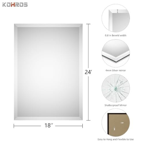 KOHROS 18x24 Frameless Rectangular Bathroom Vanity Mirror - color: Rectangular, size: 18"L x 24"W