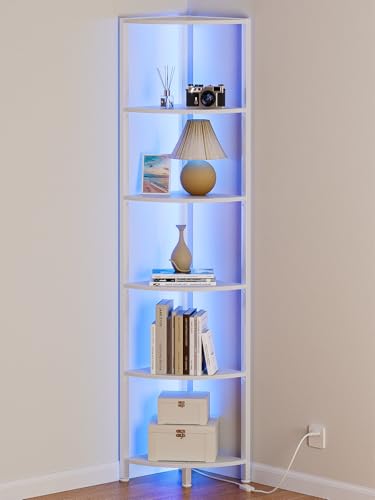 Furnulem 6 Tier Corner Shelf with LED Light, 67.5" White Narrow Bookshelf - color: White