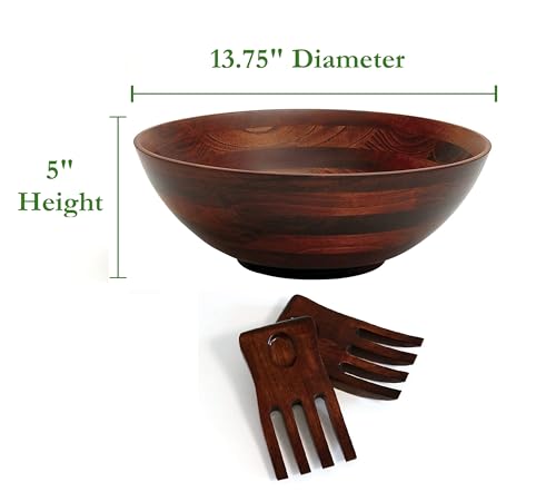 Lipper International Rubberwood Footed Bowl with Cherry Finish for Fruits, Salads, or Popcorn, Large, 13.75" Diameter x 5" Height, 216.41 Fl. Oz., 3-Piece Set with Salad Hands - size: Large, style: 3-Piece Set with 2 Salad Hands