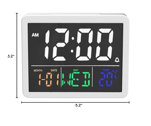 JALL Digital Clock with Date Day for Seniors, Electric Alarm Clocks for Bedrooms with Temperature, 2 Alarms, Dimmer, Dual USB Charger, Battery Backup, Volume Control, Snooze, Bedside Desk Clock, White - color: White