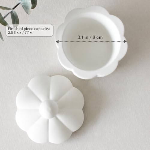 2PCS Silicone Jewelry Box Mold Set with Lids and Wooden Support Rings, Round & Flower Trinket Box Molds for Concrete, Resin, Plaster & Candle Containers