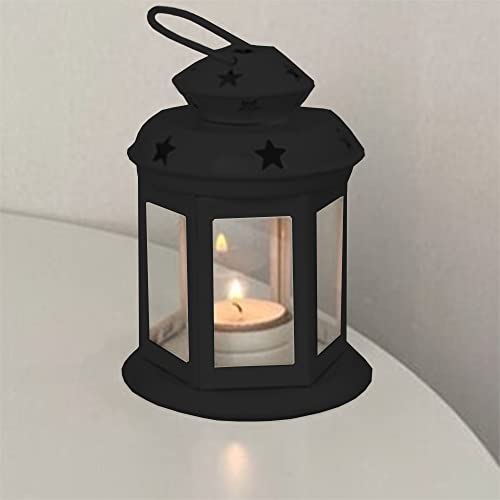 2 Pcs European Design Antique Glass Hanging Candle Lanterns with Stars Metal Frame Candlestick Holder Night Lamp, Romantic Xmas Wedding Party Decoration (Black) - color: Black