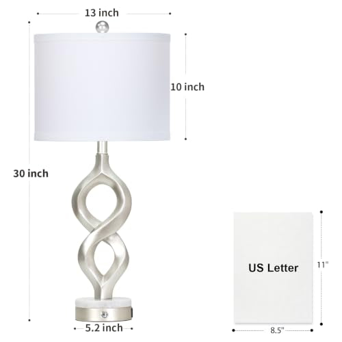 Cinyirong Silver Table Lamps Set of 2 for Living Room, 30" Tall Touch Control Bedside Lamps for Bedroom Nightstand, 3-Way Dimmable Modern Sculptural Table Lamp with USB A+C Ports and 2 LED Bulbs - color: Silver (2 Pack)