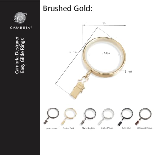 Cambria Designer 2" Brushed Gold Quiet Glide Curtain Rings 18 Pack - color: Brushed Gold, size: Large 2 in