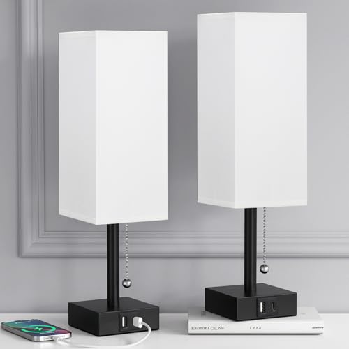 Set of 2 White Bedside Table Lamps for Bedroom - Nightstand Lamp, USB C+A - color: White & Black (2PCS), size: 14.3in