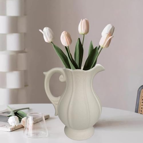 Large Rustic Ceramic Vase for Home Decor, Antique Textured Wide Mouth Farmhouse Clay Jug Pitcher Pottery Flower Vases with Handle for Aesthetic Gift… - size: 9''B