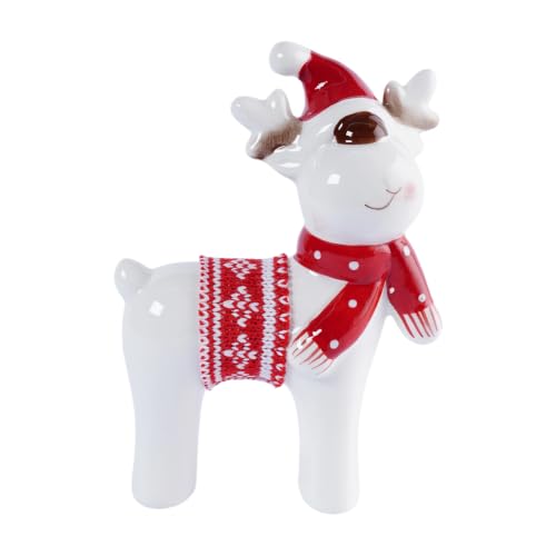 Christmas Decor Reindeer Deer Decor Ceramic Figurine White Glazed Deer Figurine with Santa Hat Scarf Knit Blanket for Tabletop Mantel Shelf Christmas Decorations Indoor