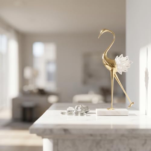 suruim Elegant Gold Crane Bird Statues with Crystal Tail Accents, Decorative Brass Figurines for Home Decor (White B) - color: White B, size: B