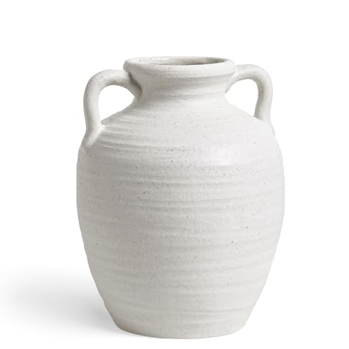 White Ceramic Vase with Handles, 9.5Inch, Farmhouse Rustic, Sandstone White - color: Winnie - Sandtone White, size: M(8.8"-9.8")