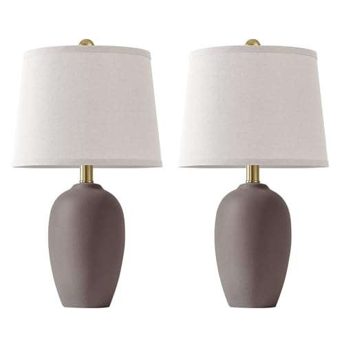 AIEAMPDO 21'' Set of 2 Farmhouse Ceramic Small Table Lamps for Living Room Bedroom, Nightstand Rustic Brown Desk Lamp for Bedside End Table Entryway, 2 LED Bulbs Included - color: Taupe