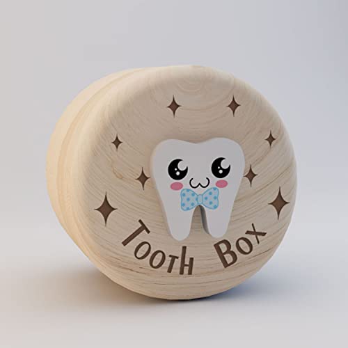 Carved Tooth Box for Kids Tooth Fairy Wooden Box with 3D Tooth - color: Bowtie Dot