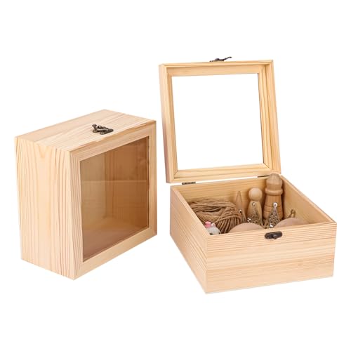 2 Pack Wood Box with Glass Lid, 7.87 x 7.87 x 4.72 inch Wooden Display Box with Hinged Lid for DIY Craft, Collectibles - size: 2 Pack 7.87 x 7.87 x 4.72 inch