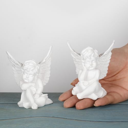 Set of 3 Grey Resin Small Elephant Statues and Set of 2 Cherub Angels Statue Figurine