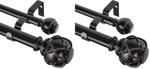 KAMANINA 1 Inch Double Curtain Rods for Windows 36 to 72 Inches (3-6 Feet), Black Heavy Duty Double Curtain Rod, Telescoping Drapery Rod with Netted Texture Finials (Pack of 2) - color: Black, size: 36-72" (Pack of 2)