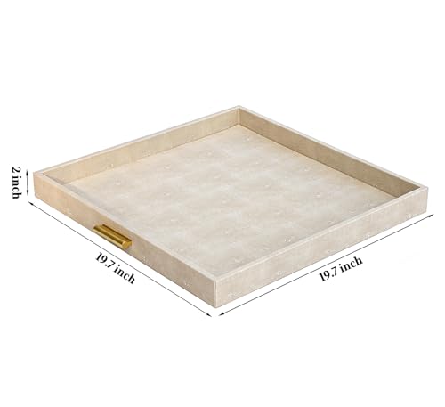 HofferRuffer Elegant Decorative Serving Tray, 20"x20" Square Faux Leather Ottoman Tray with Gold Hardware Handles, Coffee Table Serve Tea Coffee or Breakfast (Light Grey, 20" x 20" x 2") - color: Light Grey, size: 20" x 20" x 2"