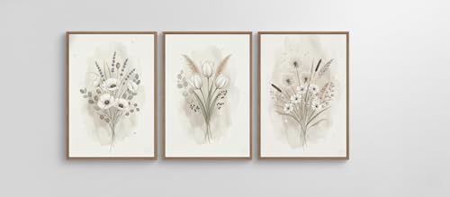 Framed Neutral Floral Wall Art Set of 3, Vintage Botanical Wildflower Canvas Artwork Prints Rustic Beige Farmhouse Paintings Pictures for Living Room Bedroom, Wooden Frame Wall Decor - size: 24L''x16W'' Framed