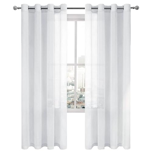DWCN White Sheer Curtains Linen Look Semi Transparent Voile Grommet White Curtains for Living Dining Room Drapes 52 x 84 Inch Long, Set of 2 Panels - color: White, size: 52"W x 84"L (Pack of 2)