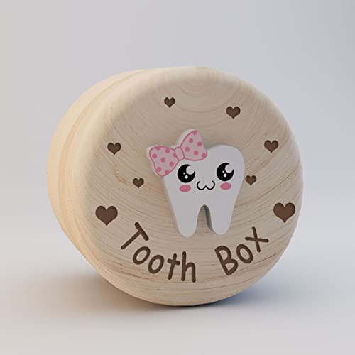 Tooth Box for Girls Heart Carved Wooden Box with 3D Tooth - color: Pink Bowtie