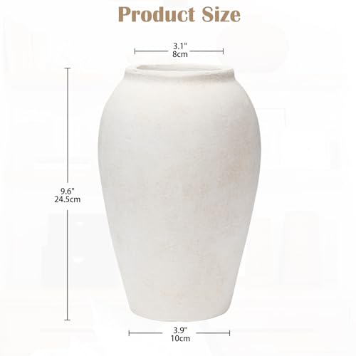 Handcrafted Terracotta Flower Vase, 9.6" Tall, Vintage White Ceramic, Rustic Antique Decor, Wide Mouth, Matte Finish for Home Office Resto Cafe - color: White 9.6"