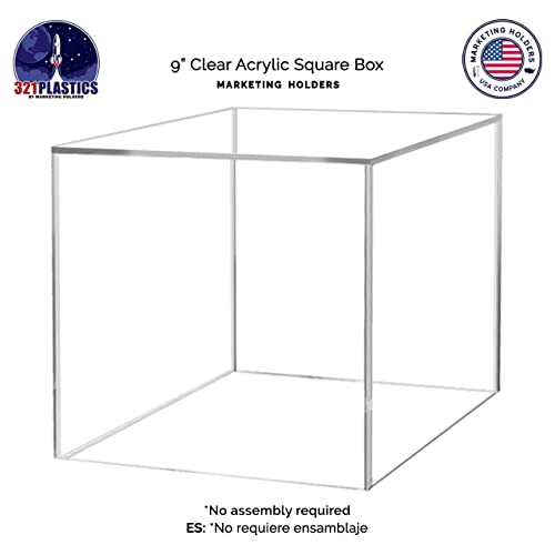 9 Inch Acrylic Display Riser Box with One Open Side No Lid Versatile Clear Square Lucite Retail Product Platform and Merchandise Storage Bin No Assembly by Marketing Holders