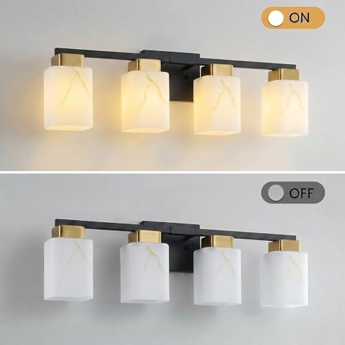 4-Light Square Bathroom Light Fixture, Black and Gold Modern Vanity Light with White Marble Glass Shade, for Bathroom Mirror, Living Room, Bedroom, Hallway, E26 Base - color: Black and Gold, size: 4-Light