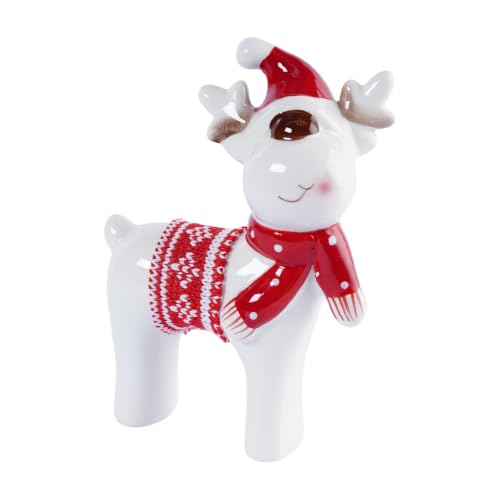 Christmas Decor Reindeer Deer Decor Ceramic Figurine White Glazed Deer Figurine with Santa Hat Scarf Knit Blanket for Tabletop Mantel Shelf Christmas Decorations Indoor