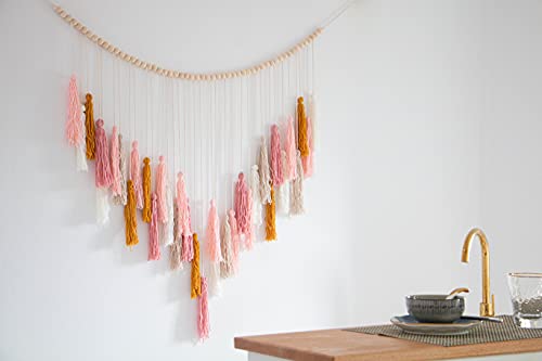 Decocove Macrame Wall Hanging - Large Macrame Wall Hanging with Wood Beads - Bohemian Wall Decor for Bedroom, Living Room and Kitchen - Pink and Gold- 35'' x 36''